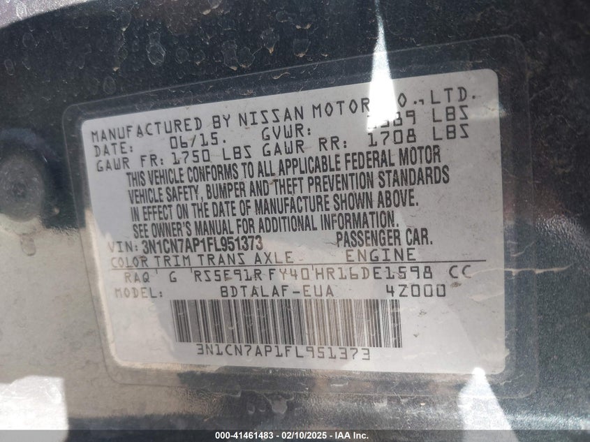 2015 NISSAN VERSA VIN: 3N1CN7AP1FL951373