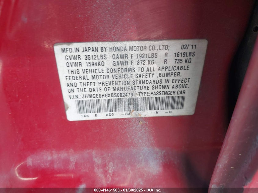 2011 HONDA FIT VIN: JHMGE8H6XBS002478