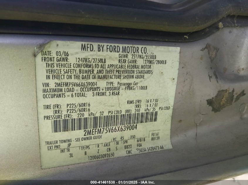 2006 Mercury Marquis VIN: 2MEFM76V66X63900 Lot: 41461538