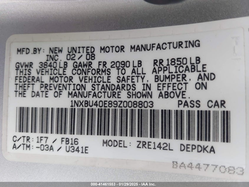 2009 TOYOTA COROLLA VIN: 1NXBU40E89Z008803