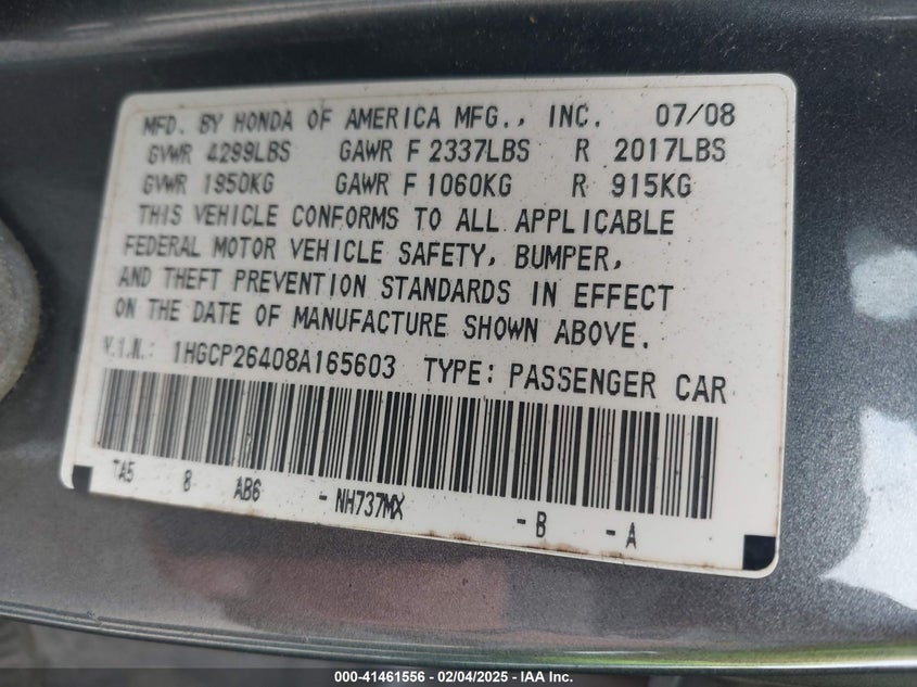 2008 HONDA ACCORD VIN: 1HGCP26408A165603