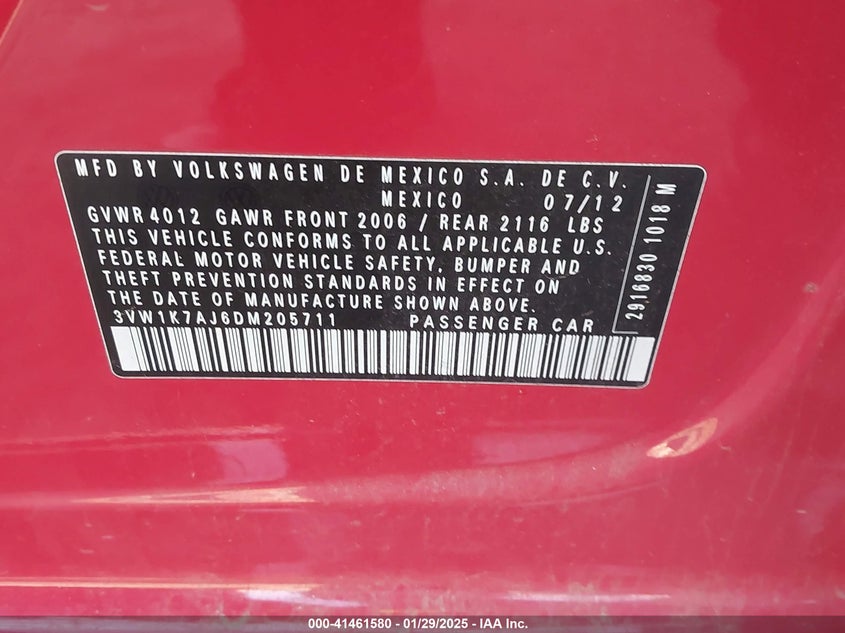 2013 VOLKSWAGEN JETTA VIN: 3VW1K7AJ6DM205711