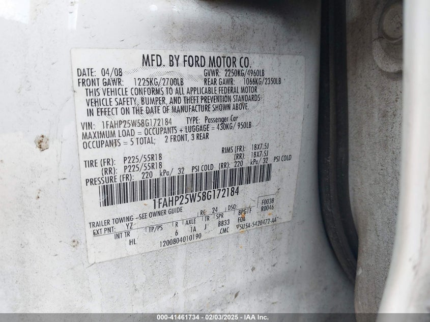 2008 FORD TAURUS VIN: 1FAHP25W58G172184