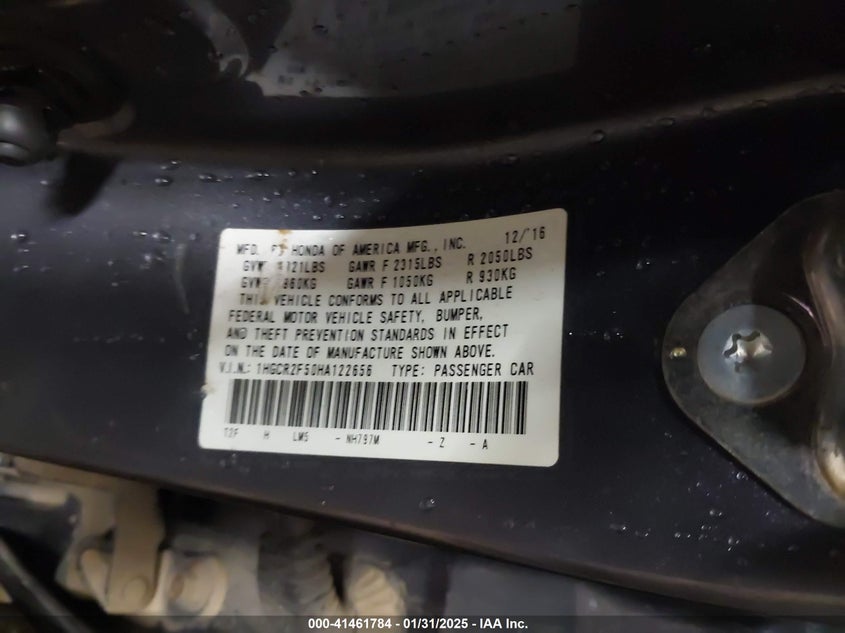 2017 HONDA ACCORD VIN: 1HGCR2F50HA122656