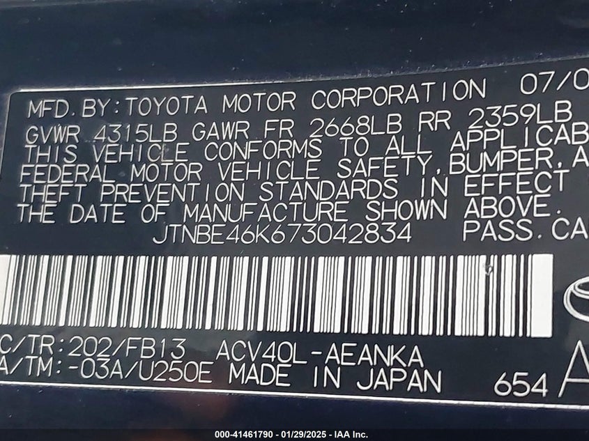 2007 TOYOTA CAMRY VIN: JTNBE46K673042834