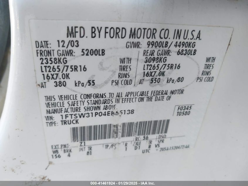 2004 Ford F-350 Lariat/Xl/Xlt VIN: 1FTSW31P04EB65138 Lot: 41461924