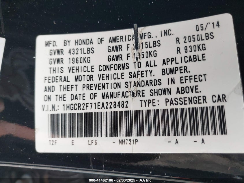 2014 HONDA ACCORD VIN: 1HGCR2F71EA228482