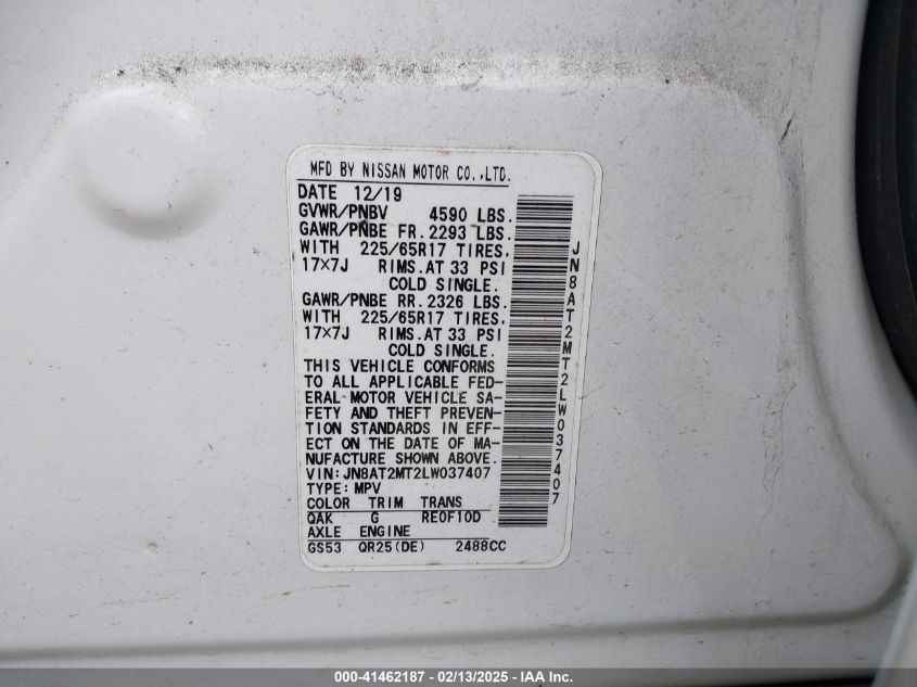 2020 Nissan Rogue S Fwd VIN: JN8AT2MT2LW037407 Lot: 41462187