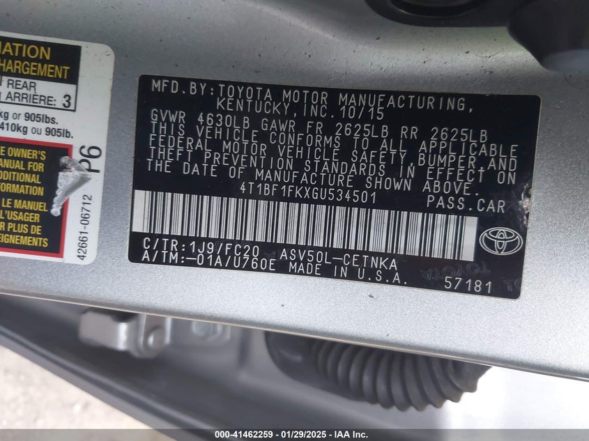 2016 TOYOTA CAMRY VIN: 4T1BF1FKXGU534501