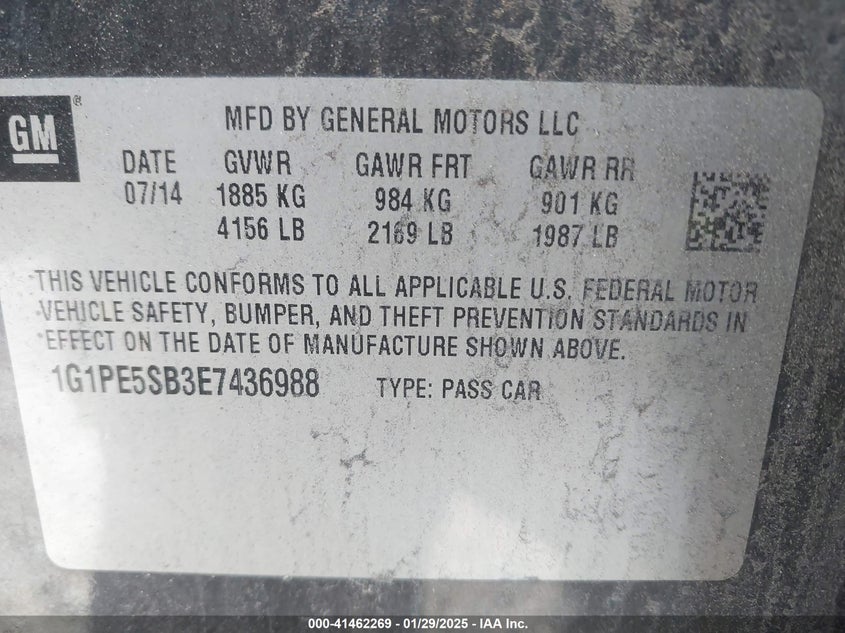 2014 CHEVROLET CRUZE VIN: 1G1PE5SB3E7436988