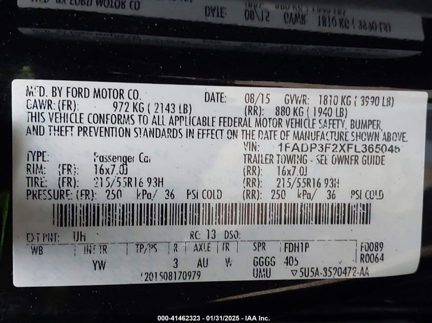 2015 Ford Focus Se VIN: 1FADP3F2XFL365046 Lot: 41462323