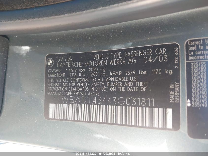 2003 BMW 525Ia VIN: WBADT43443G031811 Lot: 41462332