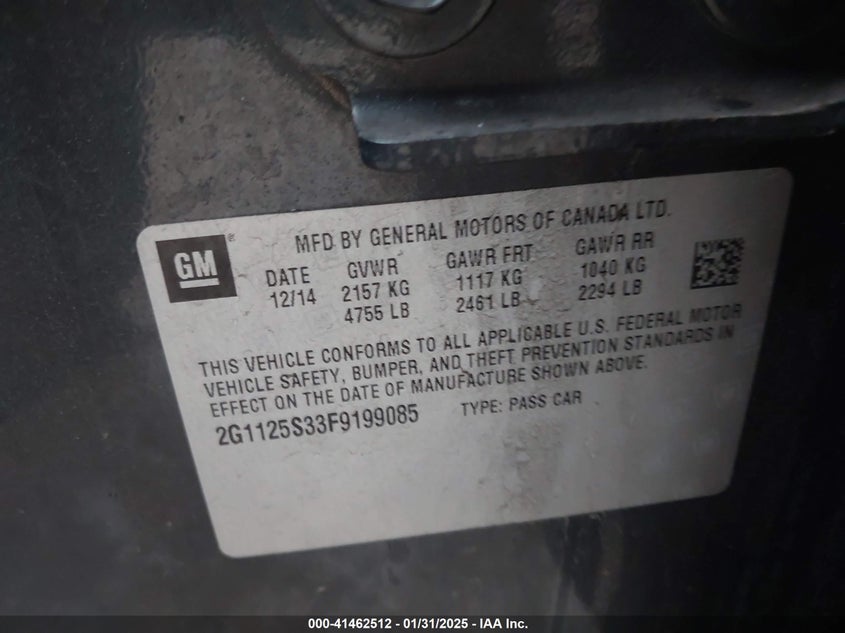 2015 CHEVROLET IMPALA VIN: 2G1125S33F9199085