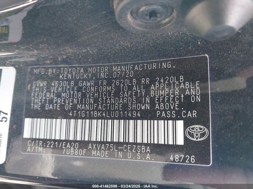 2020 TOYOTA CAMRY VIN: 4T1G11BK4LU011494