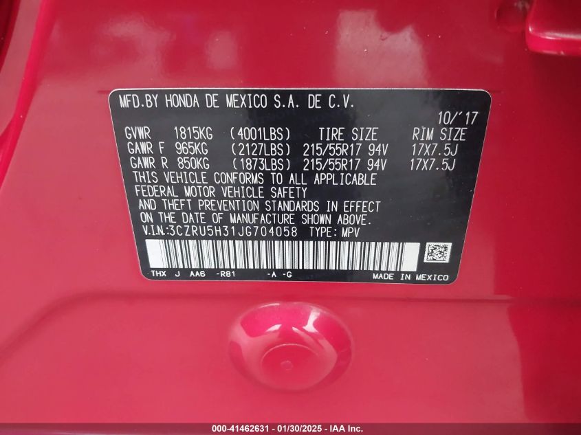 2018 Honda Hr-V Lx VIN: 3CZRU5H31JG704058 Lot: 41462631