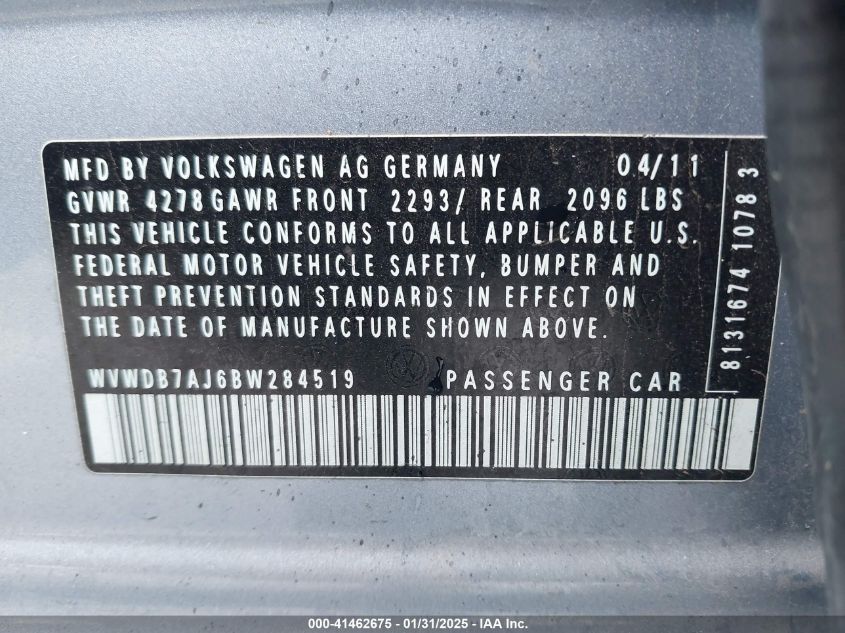 2011 Volkswagen Gti 2-Door/2-Door Autobahn VIN: WVWED7AJ6BW284519 Lot: 41462675