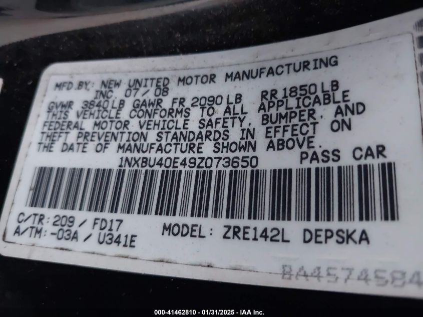 2009 Toyota Corolla S VIN: 1NXBU40E49Z073650 Lot: 41462810