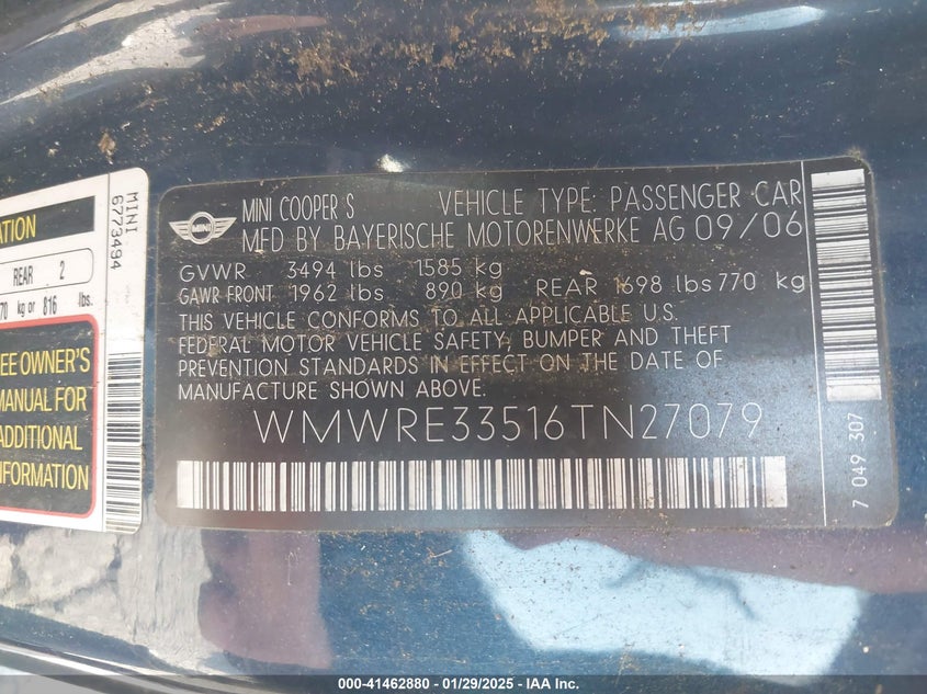 2006 MINI COOPER S VIN: WMWRE33516TN27079