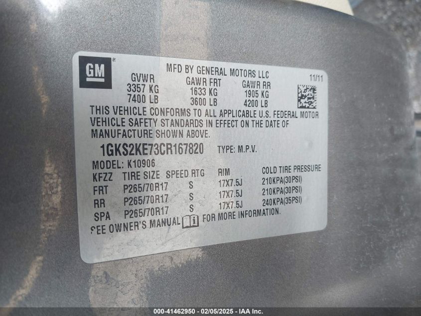 2012 GMC Yukon Xl 1500 Slt VIN: 1GKS2KE73CR167820 Lot: 41462950