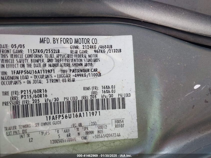 2006 Ford Taurus Sel VIN: 1FAFP56U16A111971 Lot: 41462969