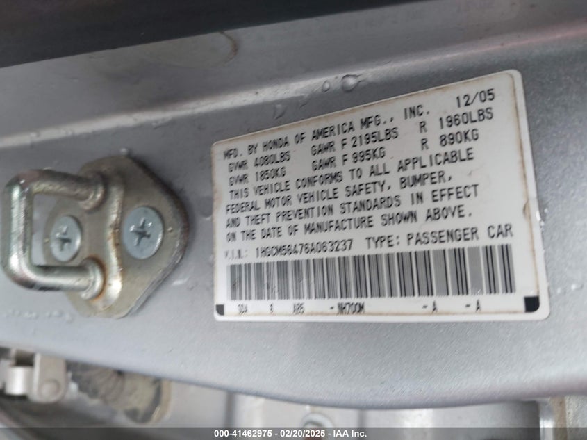 2006 HONDA ACCORD VIN: 1HGCM56476A063237