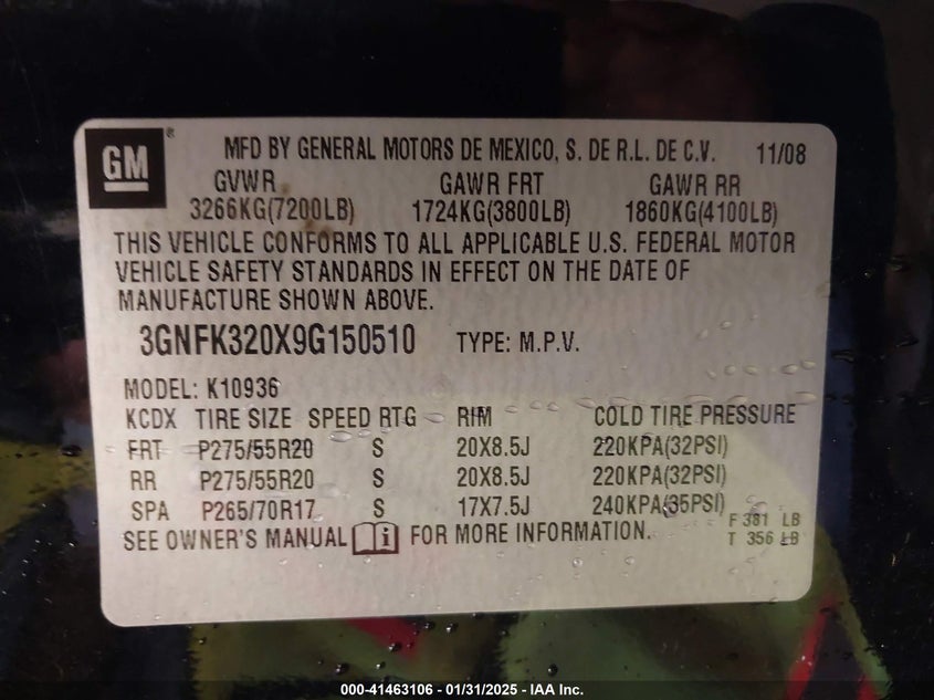 2009 CHEVROLET AVALANCHE 1500 VIN: 3GNFK320X9G150510