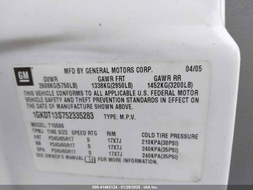 2005 GMC Envoy Sle VIN: 1GKDT13S752335283 Lot: 41463124
