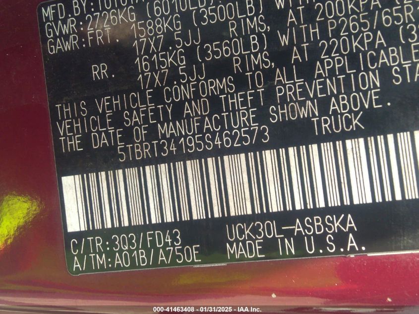 2005 Toyota Tundra Sr5 V8 VIN: 5TBRT34195S462473 Lot: 41463408