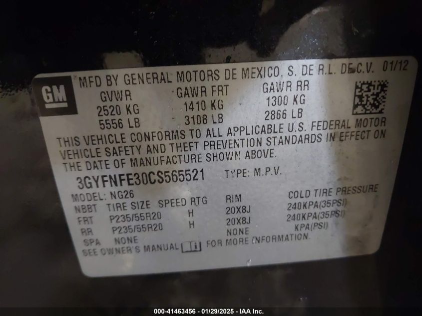 2012 Cadillac Srx Premium Collection VIN: 3GYFNFE30CF565527 Lot: 41463456