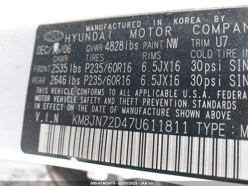 2007 Hyundai Tucson Limited/Se VIN: KM8JN72D47U611811 Lot: 41463475