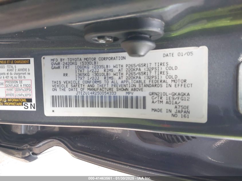 2005 Toyota 4Runner Sr5 V6 VIN: JTEZU14R250054333 Lot: 41463561