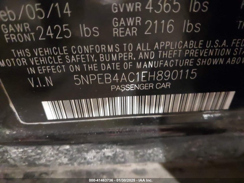 2014 HYUNDAI SONATA VIN: 5NPEB4AC1EH890115