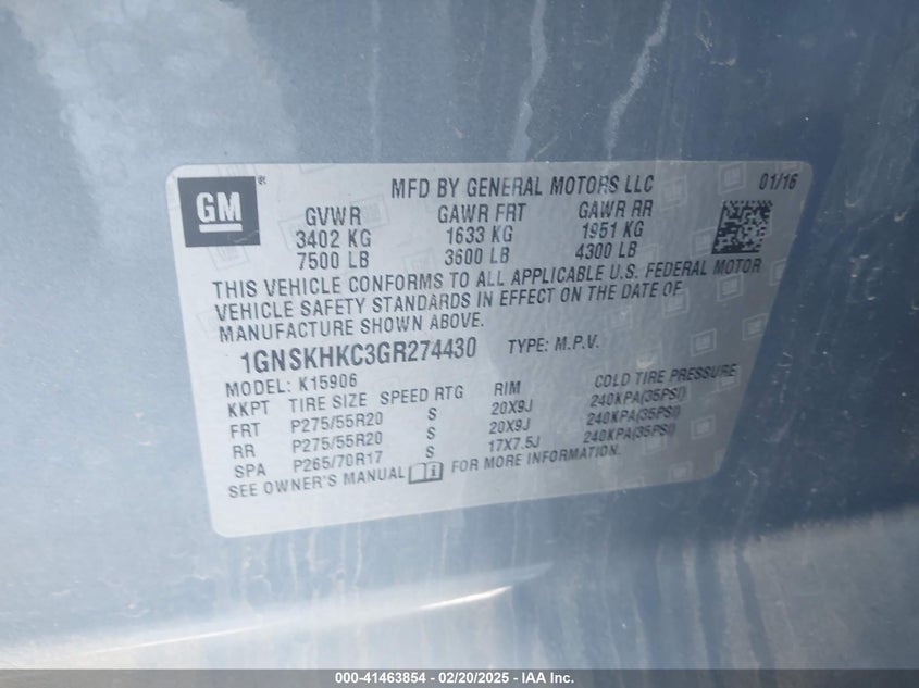 2016 CHEVROLET SUBURBAN VIN: 1GNSKHKC3GR274430