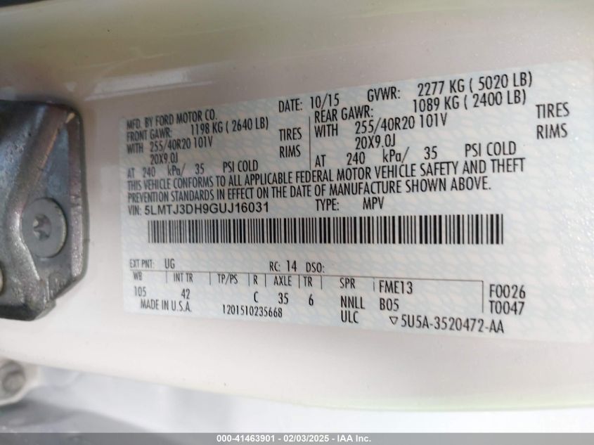 2016 Lincoln Mkc Reserve VIN: 5LMTJ3DH9GUJ16031 Lot: 41463901