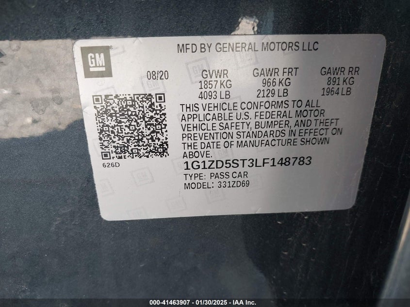 2020 CHEVROLET MALIBU VIN: 1G1ZD5ST3LF148783