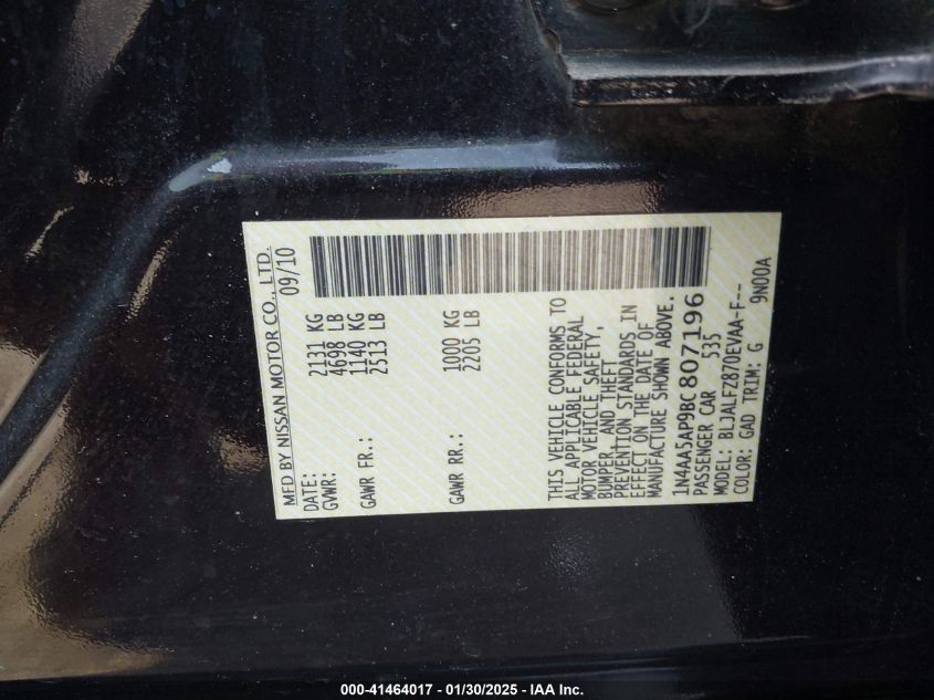 2011 Nissan Maxima 3.5 Sv VIN: 1N4AA5AP9BC80719 Lot: 41464017