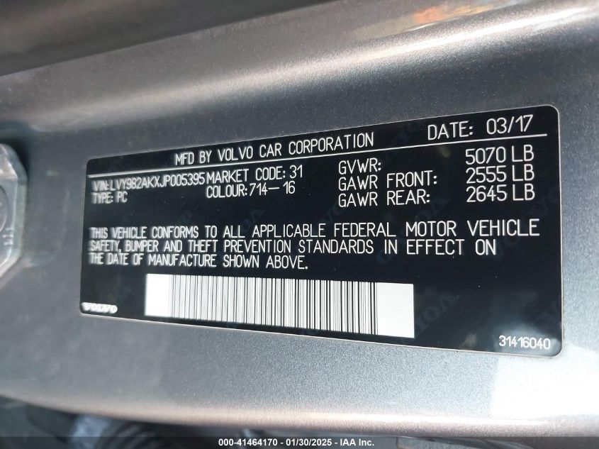 2018 Volvo S90 T5 Momentum VIN: LVY982AKXJP005395 Lot: 41464170