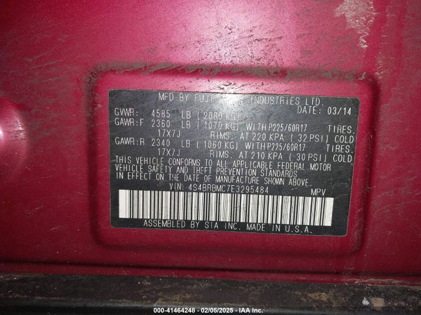 2014 Subaru Outback 2.5I Limited VIN: 4S4BRBMC7E3295484 Lot: 41464248
