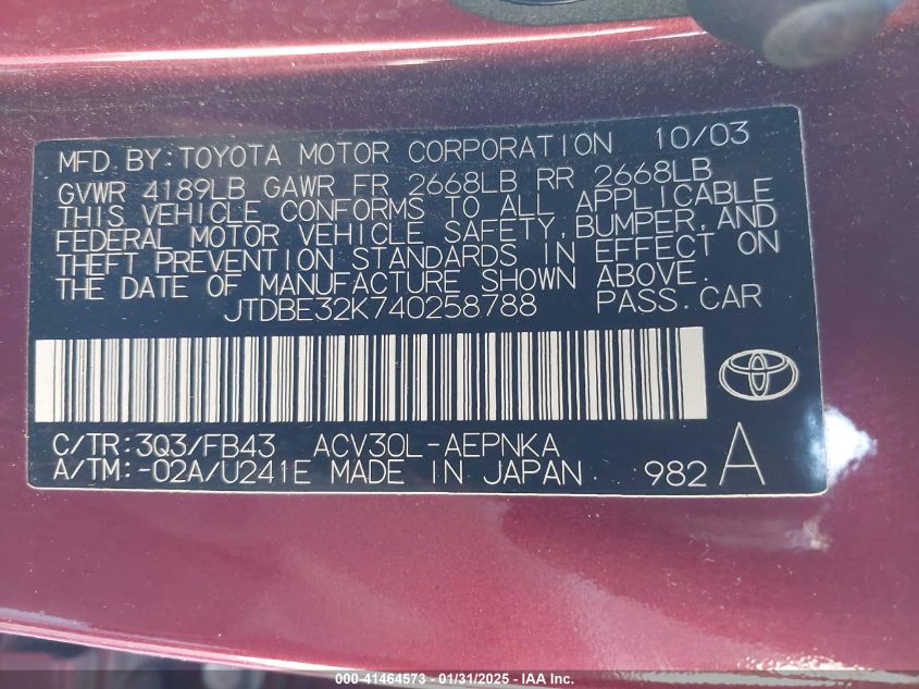 2004 Toyota Camry Le VIN: JTDBE32K740258788 Lot: 41464573