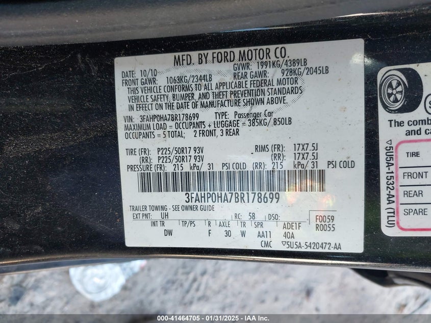 2011 FORD FUSION VIN: 3FAHP0HA7BR178699