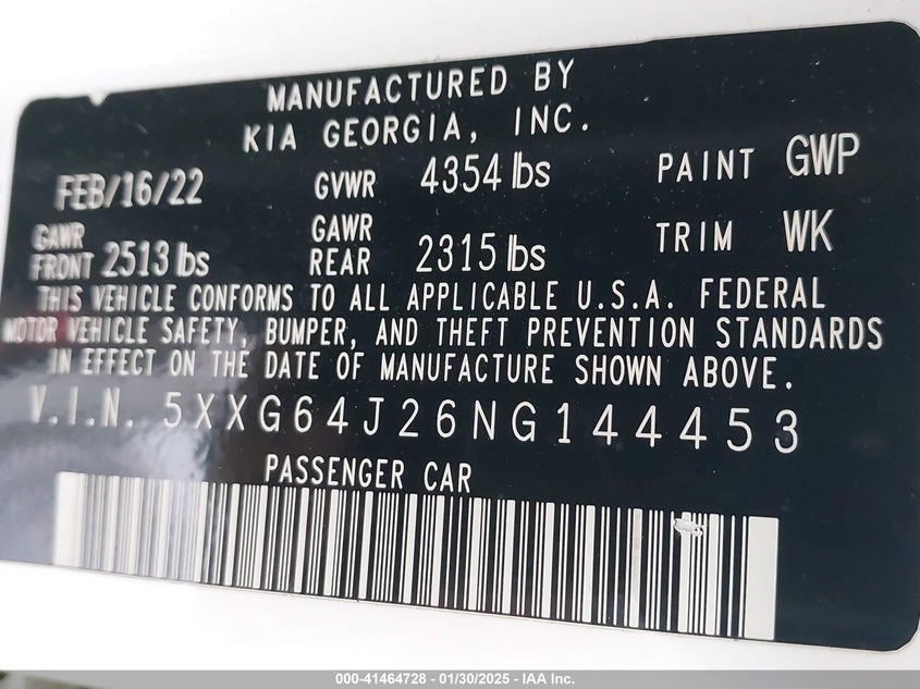 2022 KIA K5 VIN: 5XXG64J26NG144453