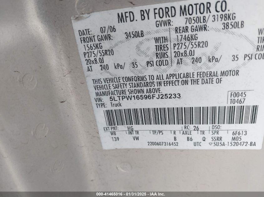 2006 Lincoln Mark Lt VIN: 5LTPW16596FJ25233 Lot: 41465016