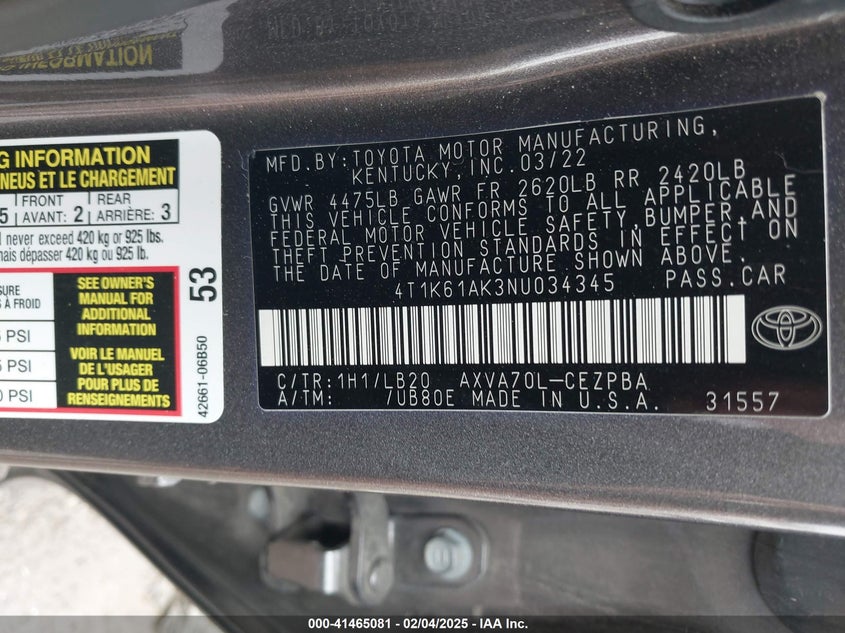 2022 TOYOTA CAMRY VIN: 4T1K61AK3NU034345