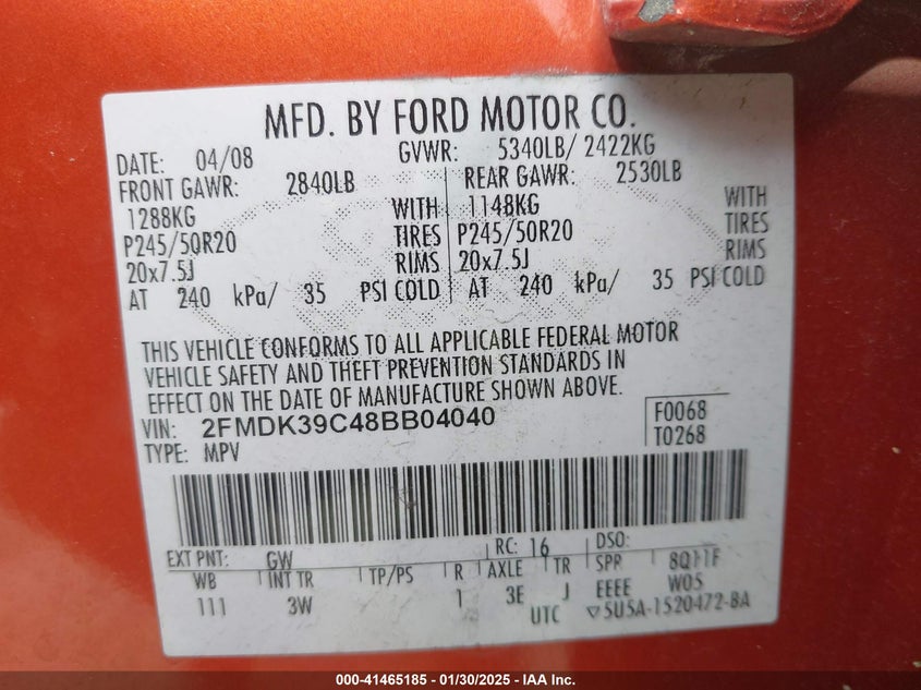 2008 Ford Edge Limited VIN: 2FMDK39C48BB04040 Lot: 41465185