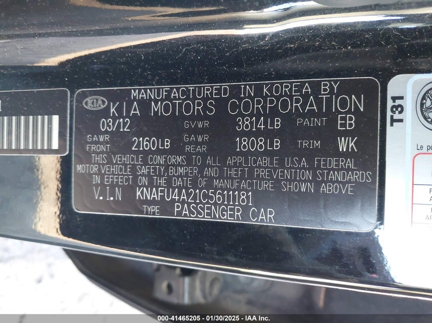 2012 KIA FORTE VIN: KNAFU4A21C5611181