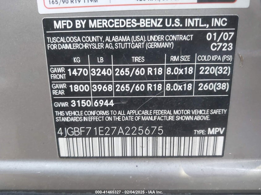2007 MERCEDES-BENZ GL 450 VIN: 4JGBF71E27A225675