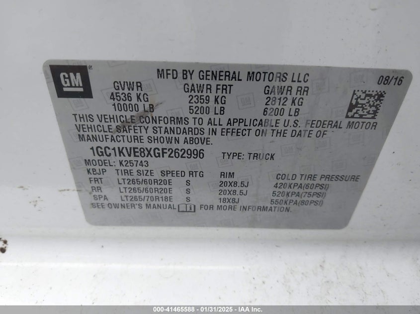 2016 CHEVROLET SILVERADO VIN: 1GC1KVE8XGF262996