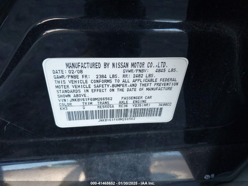 2008 Infiniti G35X VIN: JNKBV61F68M266562 Lot: 41465652