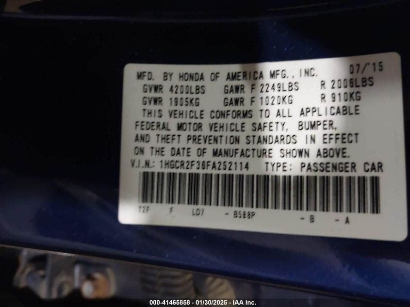 2015 Honda Accord Lx VIN: 1HGCR2F36FA252114 Lot: 41465858
