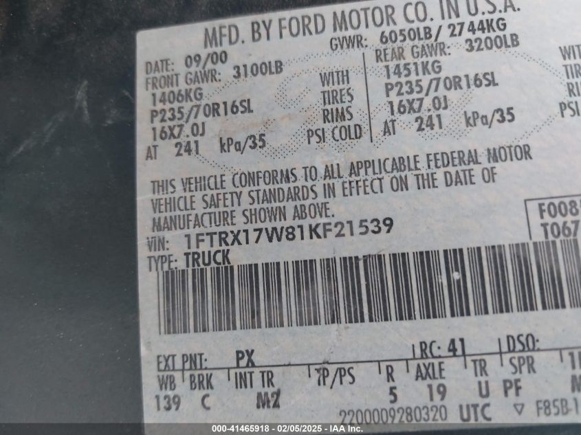 2001 Ford F-150 Lariat/Xl/Xlt VIN: 1FTRX17W81KF21539 Lot: 41465918